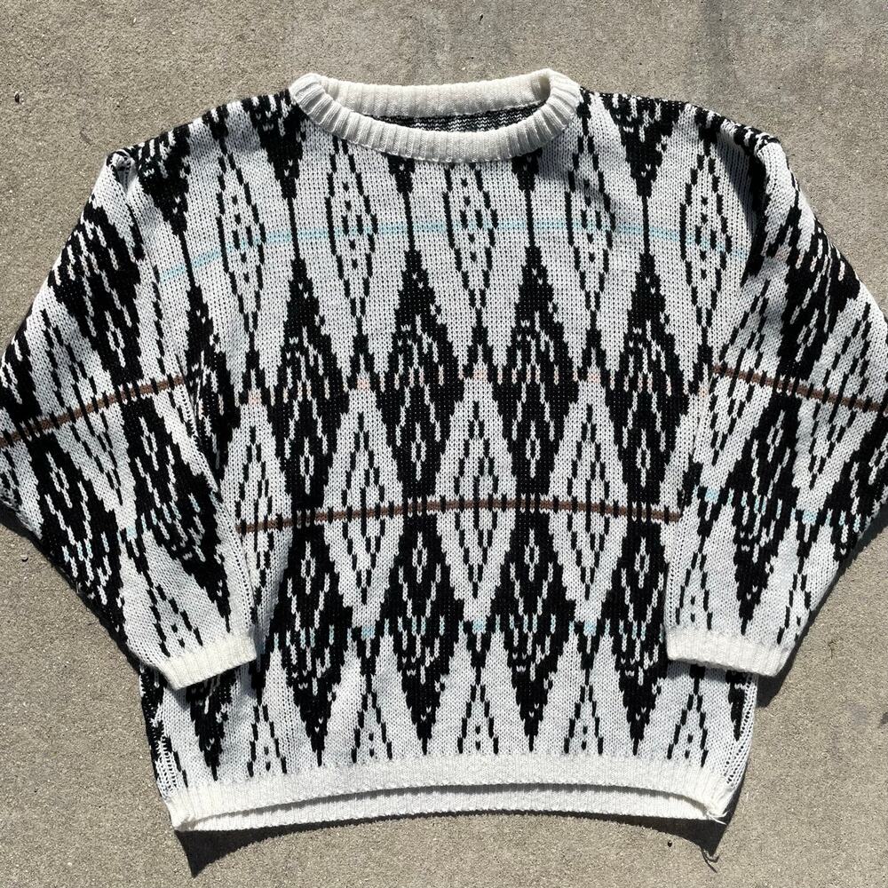 Vintage 80s 90s Coogi Style Geometric Pattern Knit Sweater Womens M Cropped
